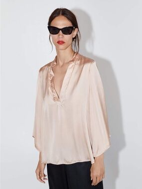 Zara Oversized Silky Pale Blush V-Neck Women’s Top